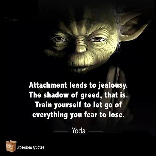 Attachment leads to jealousy. The shadow of greed, that is. Train yourself to let go of everything you fear to lose. Yoda quote